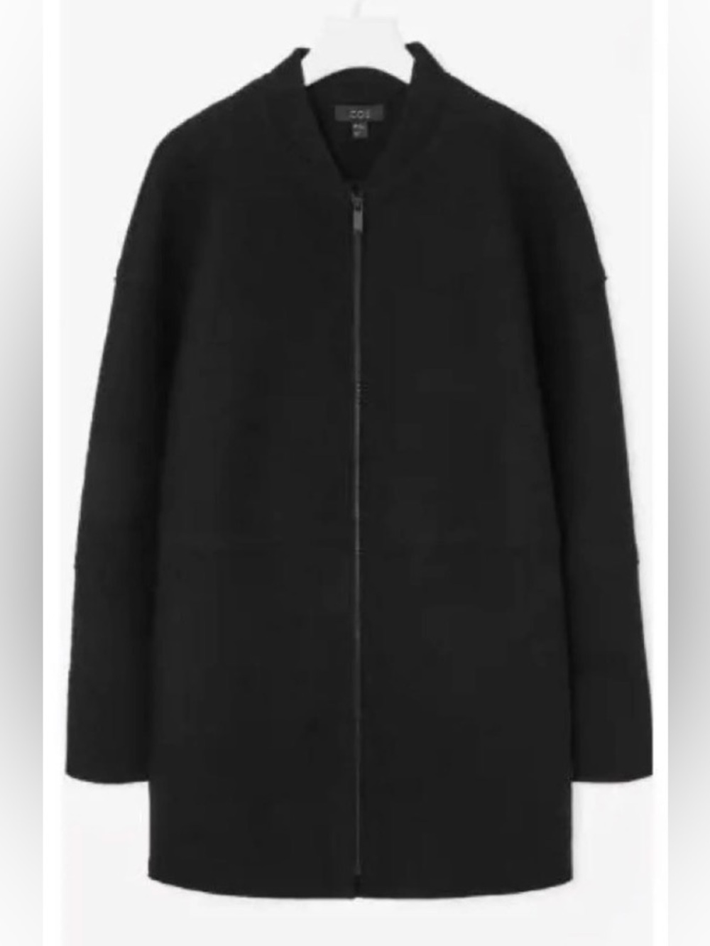 COS Black 100% Wool Zip-Front Sleek Minimalist Coat Size 10